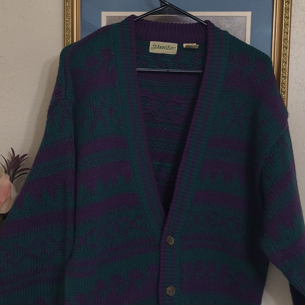 Vintage Chunky Know oversized Y2k Green and Purple Sweater Collegiate Preppy L - Picture 8 of 8